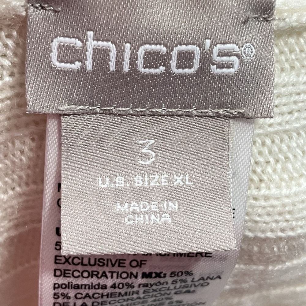 Chico's 3 Ecru Knit Open Cardigan‎ Sweater Fringe Trim Whipstitch Rib - Picture 10 of 15
